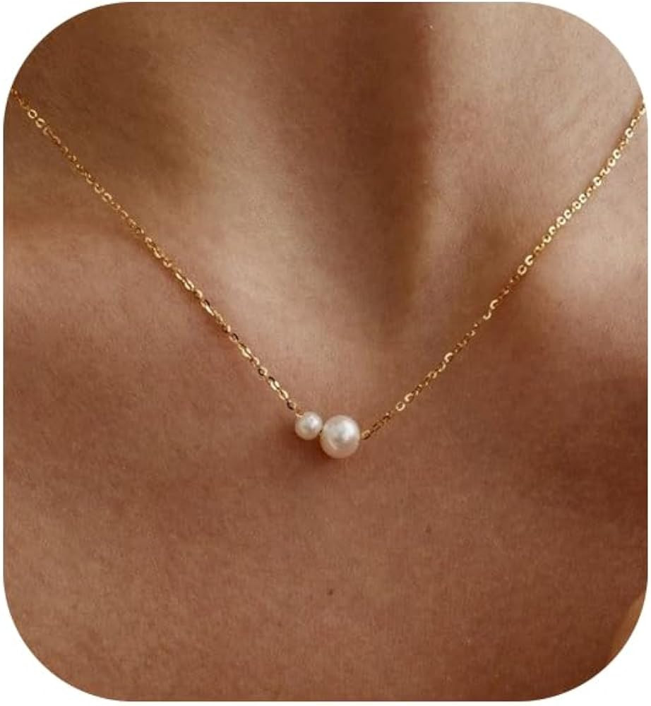 Pearl Necklaces for Women, Dainty Gold Necklace 14K Gold Plated Charm CZ Pearl Pendant Necklace S... | Amazon (US)