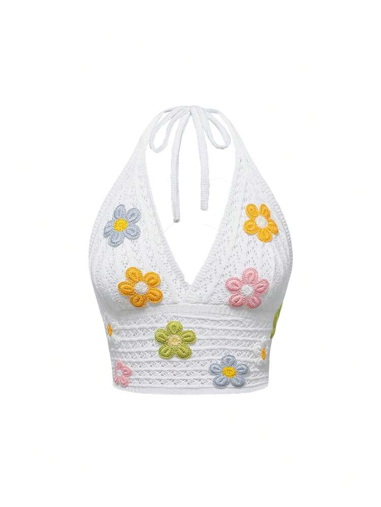EU/UK WarehouseROMWE Cute Crocheted Flower Neck Decor Blouse, Vacation Style | SHEIN