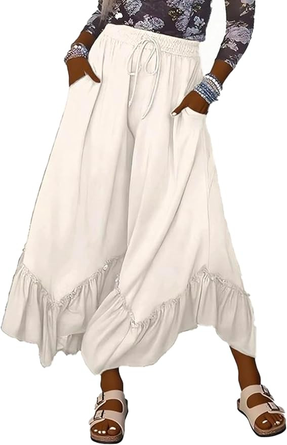Womens Baggy Wide Leg Palazzo Pants Loose Lounge Ruffled Hem Adjustable Drawstring Culotte Trouse... | Amazon (US)