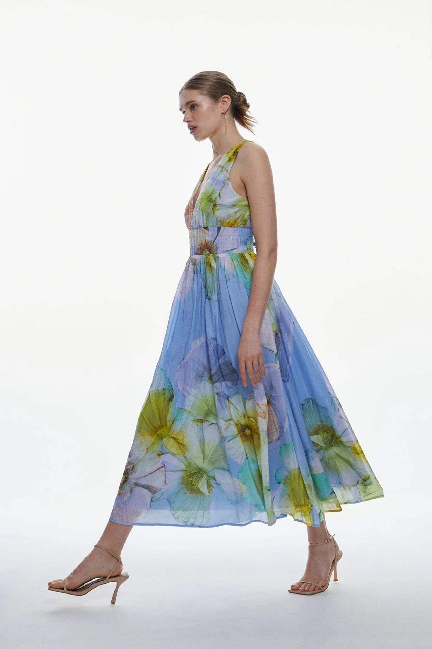 Photographic Floral Sleeveless Silk Cotton Midi Dress | Karen Millen UK + IE + DE + NL