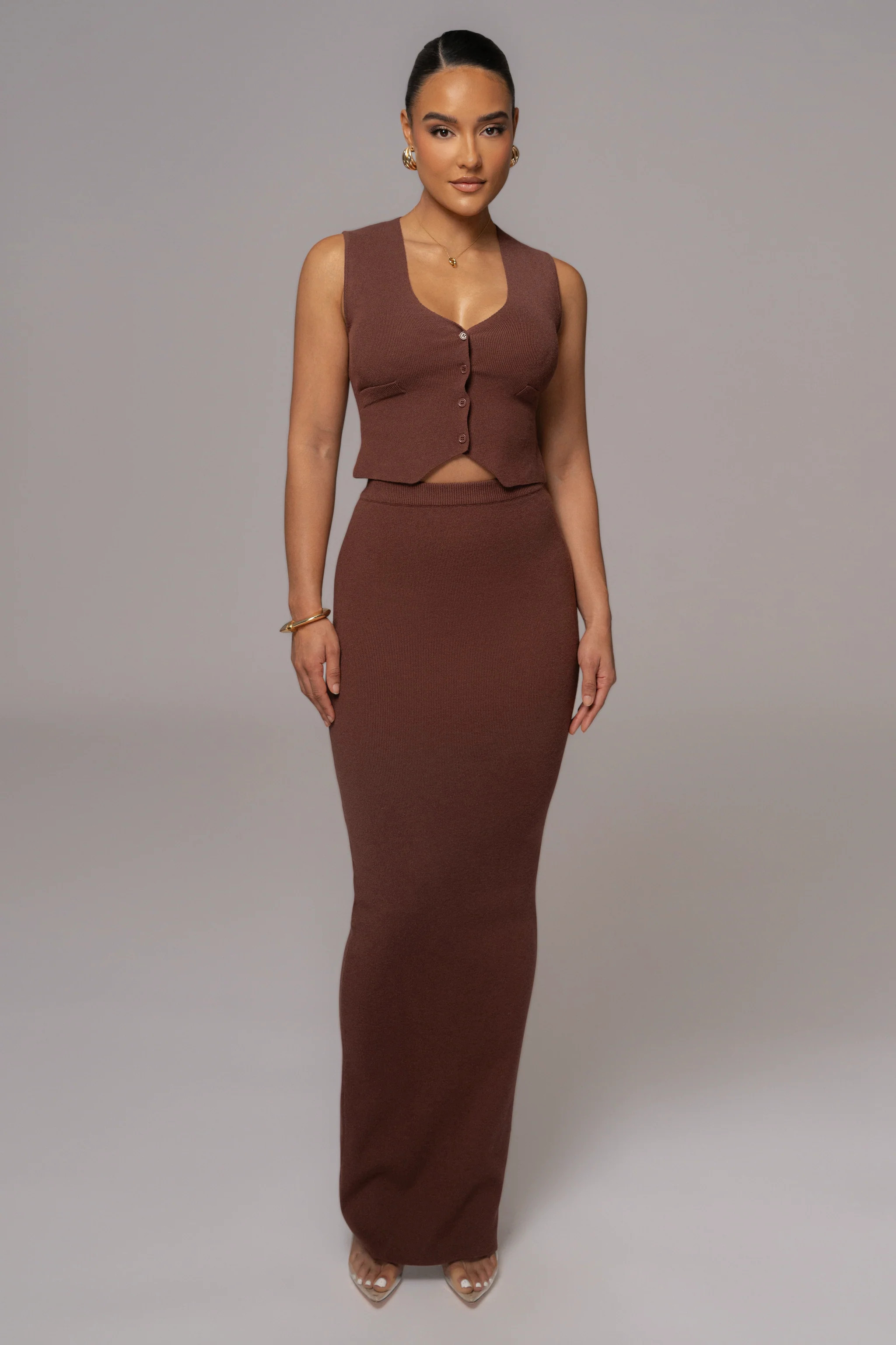 Brown Cassidy Two Piece Skirt Set | JLUXLABEL
