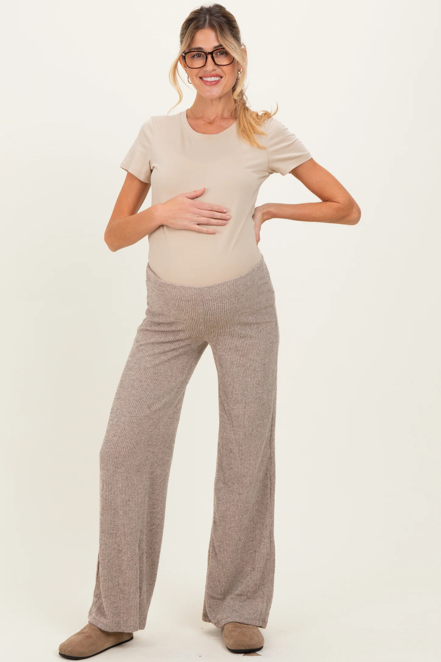 Beige Brushed Knit Flare Leg Maternity Pants | PinkBlush Maternity