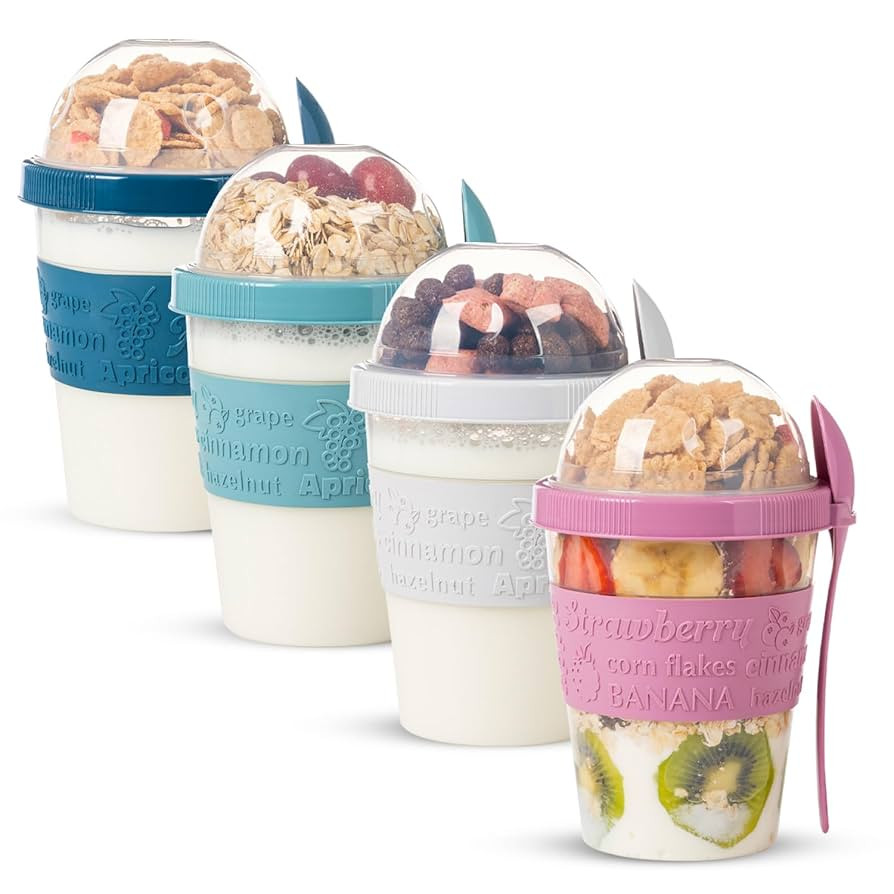 On The Go Cereal Yogurt Cups with Lids and Spoon, Reusable Parfait Plastic Milk Breakfast Crunch ... | Amazon (US)