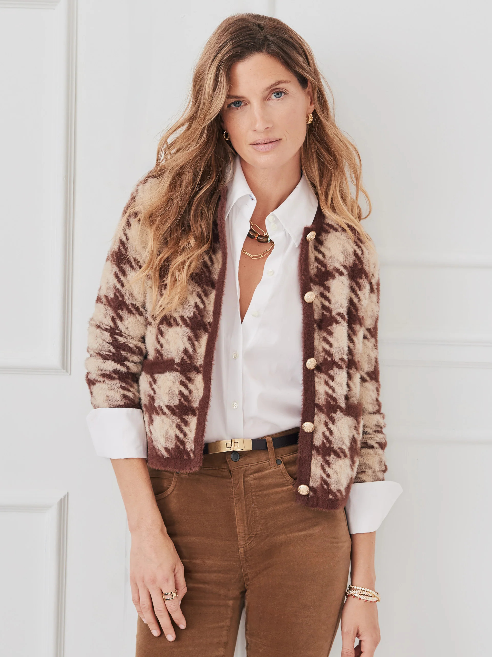 J.McLaughlin Women's Inez Cardigan in Plaid Brown/Taupe, Size Medium | Nylon | J.McLaughlin