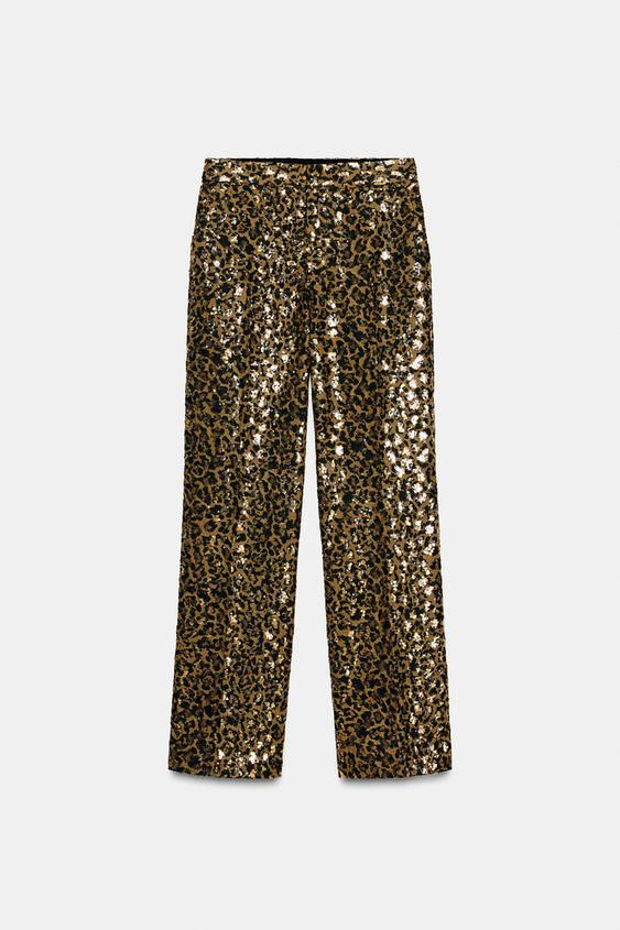 ANIMAL PRINT SEQUIN STRAIGHT LEG PANTS | Zara US
