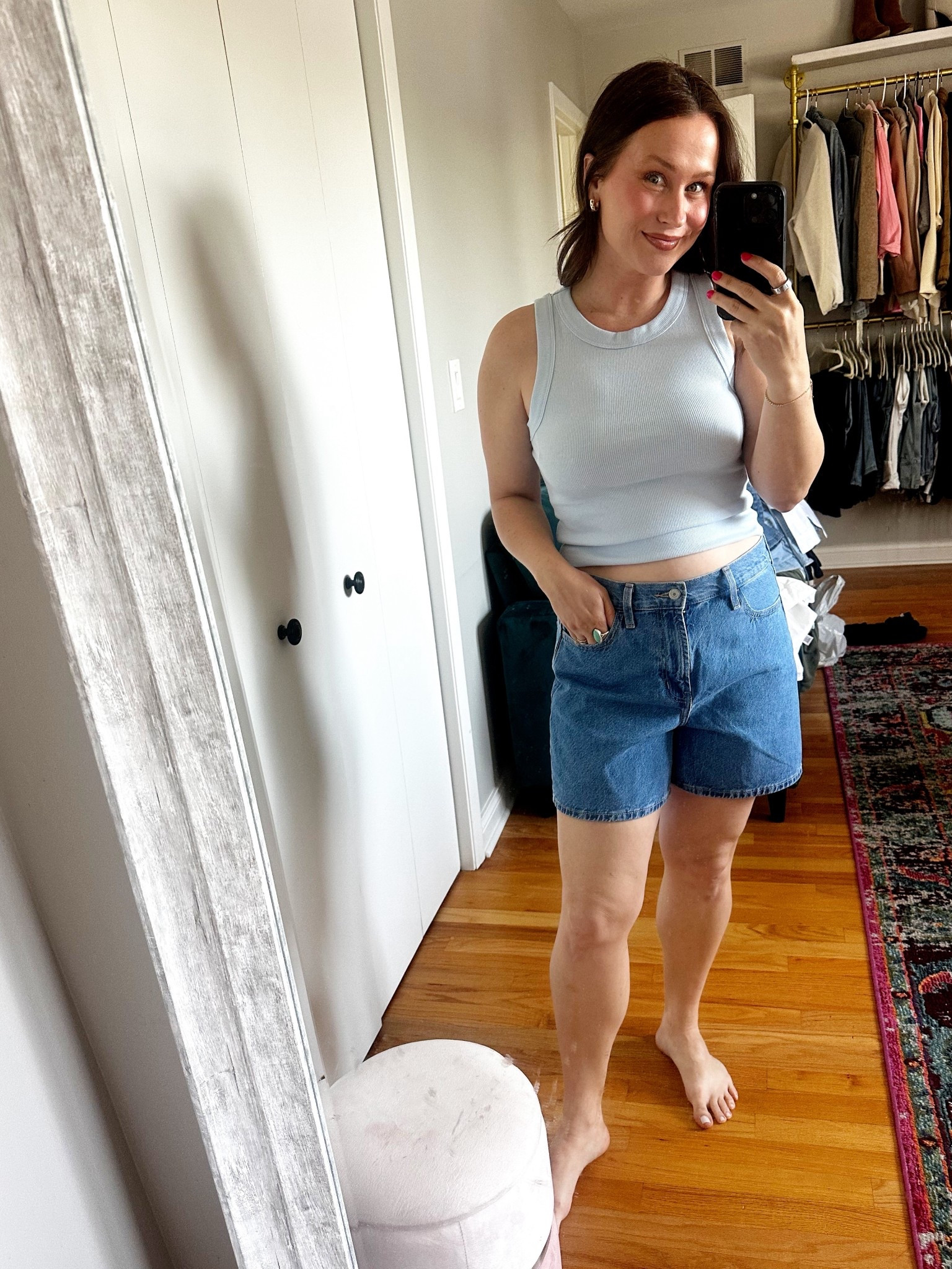 I have jean shorts similar to these that I paid $80 for, these were $18! And this blue tank top is half off right now, I have it in four colors. 

#springfashion #springoutfit #momoutfit #casualoutfit #comfyoutfit #jeanshorts #momshorts 

#LTKSaleAlert #LTKmomlife #LTKSeasonal