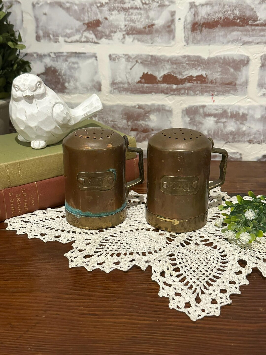 Vintage Copper Salt & Pepper Shaker Set W/ Brass Handles | Made in Korea | Patina Finish | Vintag... | Etsy (US)