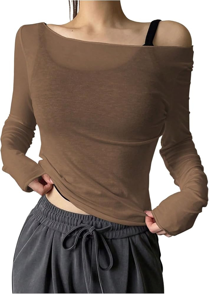 QJQ Women's Sheer Mesh Off The Shoulder Tops Long Sleeve See Through Shirts Going Out Party Club ... | Amazon (US)