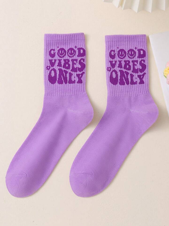 thegypsygoddess Letter Pattern Purple Mid-Calf Socks | SHEIN