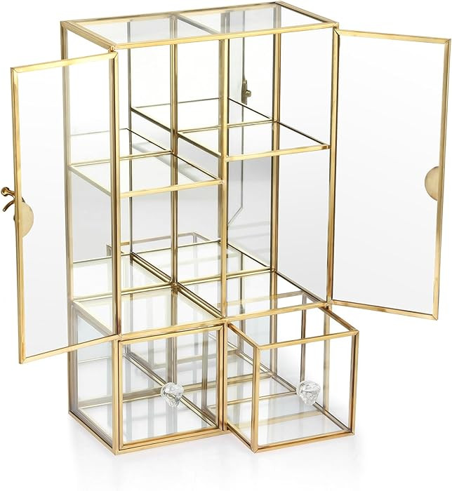 ELLDOO Clear Glass Storage Box with 2 Drawer, Gold Mirrored Jewelry Makeup Display Organizer Case... | Amazon (US)