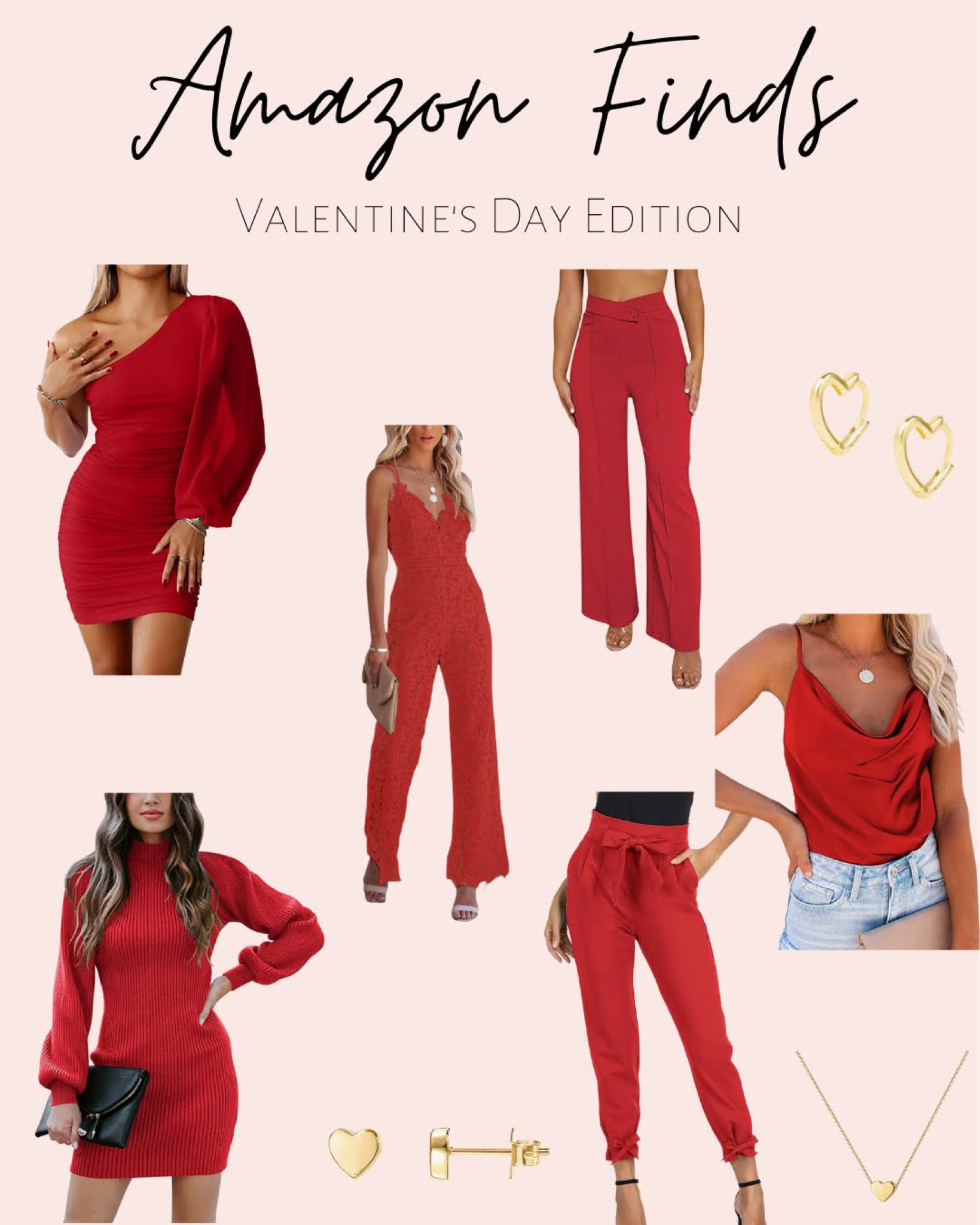 Amazon Finds
Amazon Red Dress
Red Pants
Red top
Valentine’s day outfit 
Heart earrings
heart necklace 

See my page for pink styles! 

#LTKstyletip #LTKSeasonal #LTKunder50