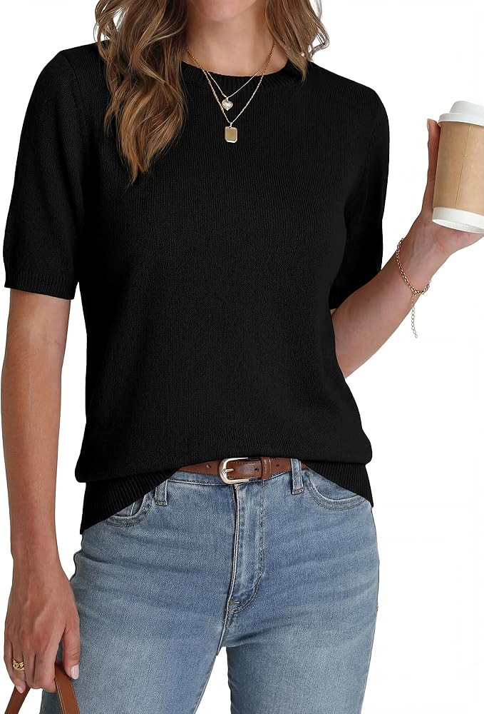 BTFBM Short Sleeve Sweater for Women Spring Tops Crew Neck Lightweight Pullover Loose Dressy Casu... | Amazon (US)