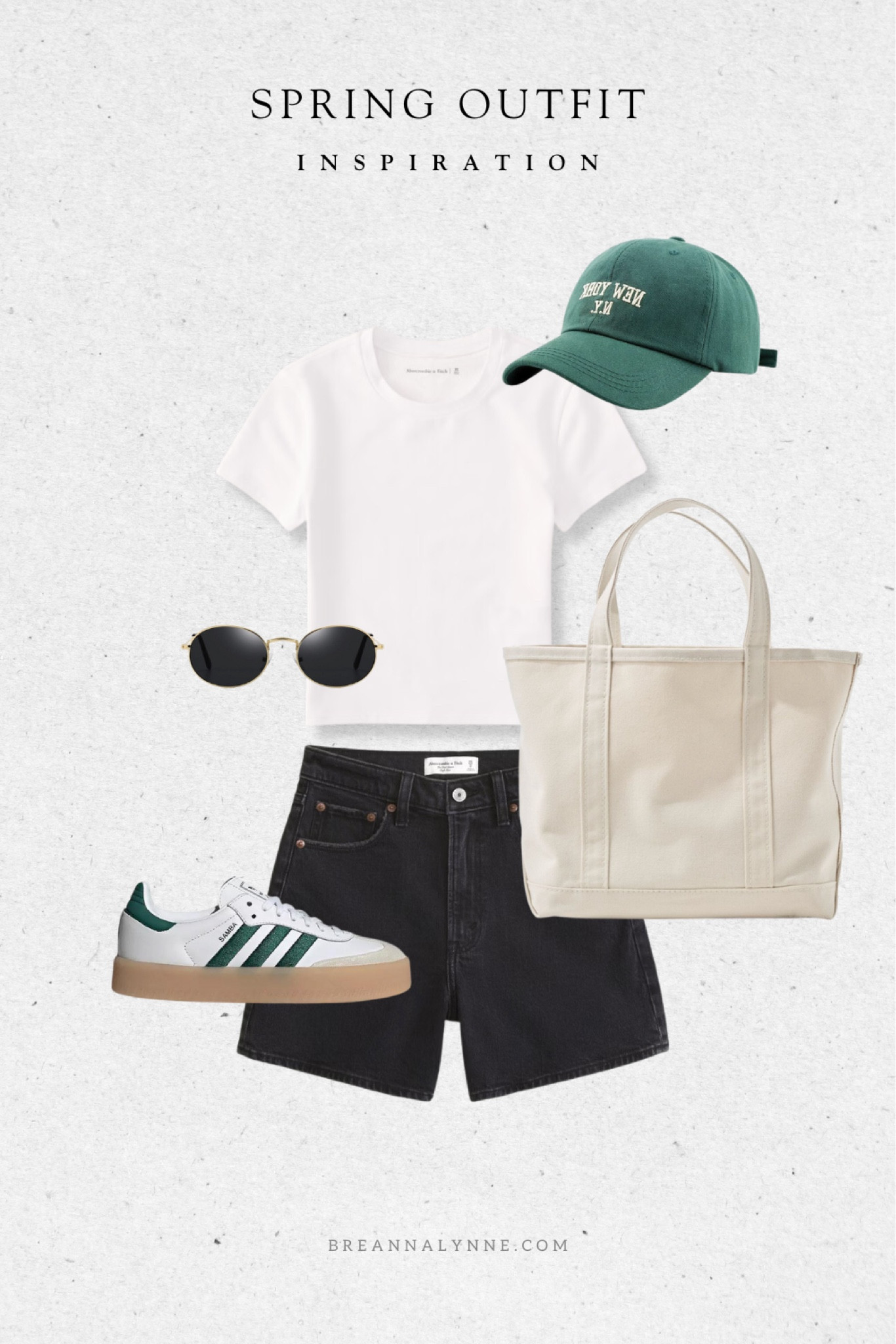 Spring outfit inspiration. Black Abercrombie shorts, green hat, white baby tee, gold sunglasses, Adidas sambae shoes 

#LTKSeasonal #LTKfindsunder100 #LTKfindsunder50