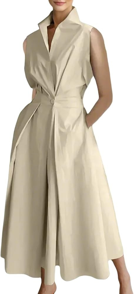 Shirt Dress for Women Dressy Lapel Collared V Neck Button Maxi Dresses Sleeveless Business Casual... | Amazon (US)