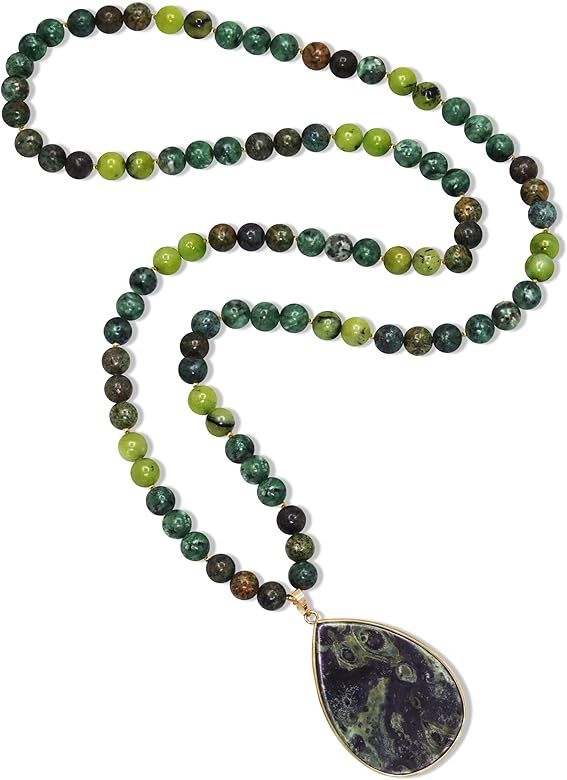 PEARLFECT Long Pendant Necklaces for Women/Men Trendy, 8MM Womens Beaded Jasper Necklaces,32 Inch... | Amazon (US)