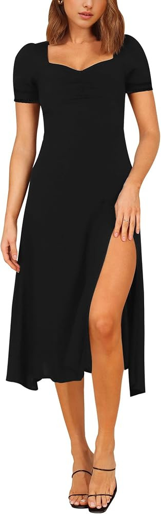 Bonkwa Women Midi Dresses Short Puff Sleeve Sweetheart Neck Casual Summer Dress High Waist A Line... | Amazon (US)