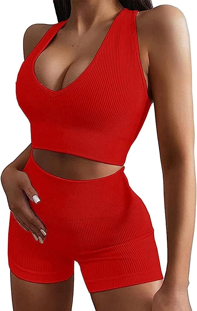 Micoson Womens Seamless Workout Sets Two Piece Exercise Outfits Ribbed Racerback Activewear Sets | Amazon (US)