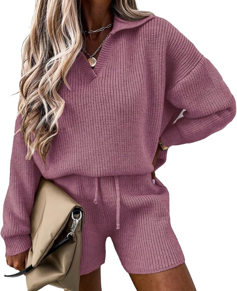 PRETTYGARDEN Women's 2 Piece Outfits 2024 Winter Long Sleeve V Neck Knit Pullover And Shorts Swea... | Amazon (US)