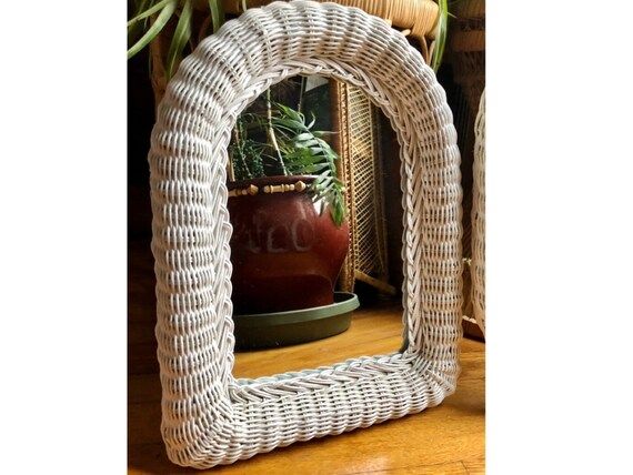 Vintage Wicker Arched Mirror White Rattan Woven Boho 16” | Etsy (US)
