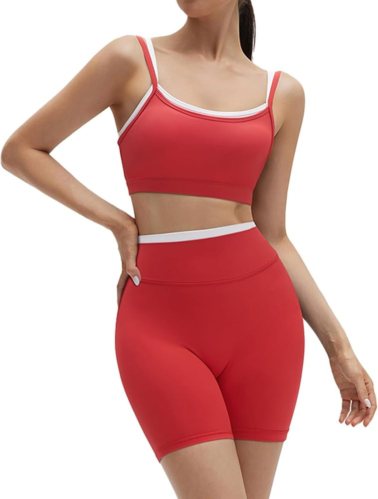 SUUKSESS Women 2 Pieces Workout Sets Padded Spaghetti Straps Camis High Waist Biker Shorts | Amazon (US)