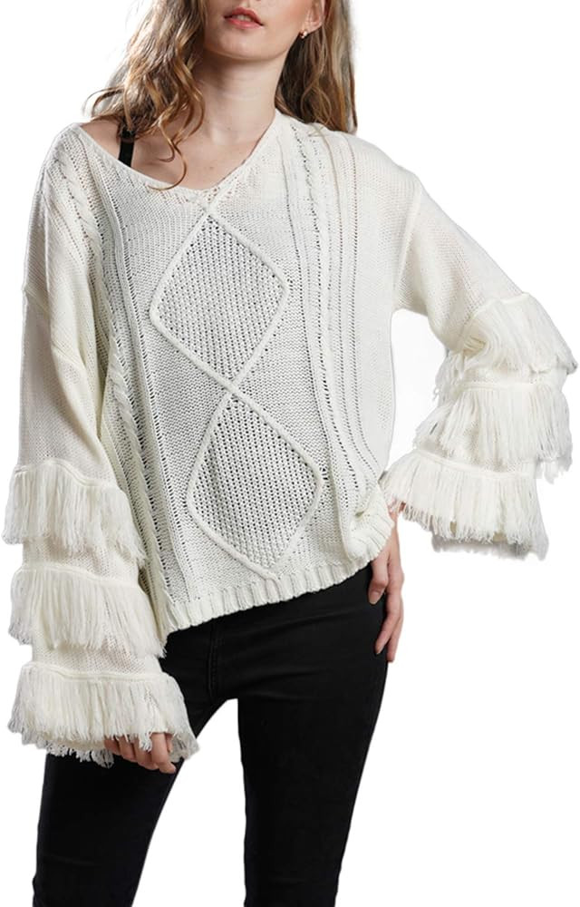 PERSUN Women's Casual V Neck Bell Fringe Cable Knit Sweater Loose Oversized Long Sleeve Pullover ... | Amazon (US)