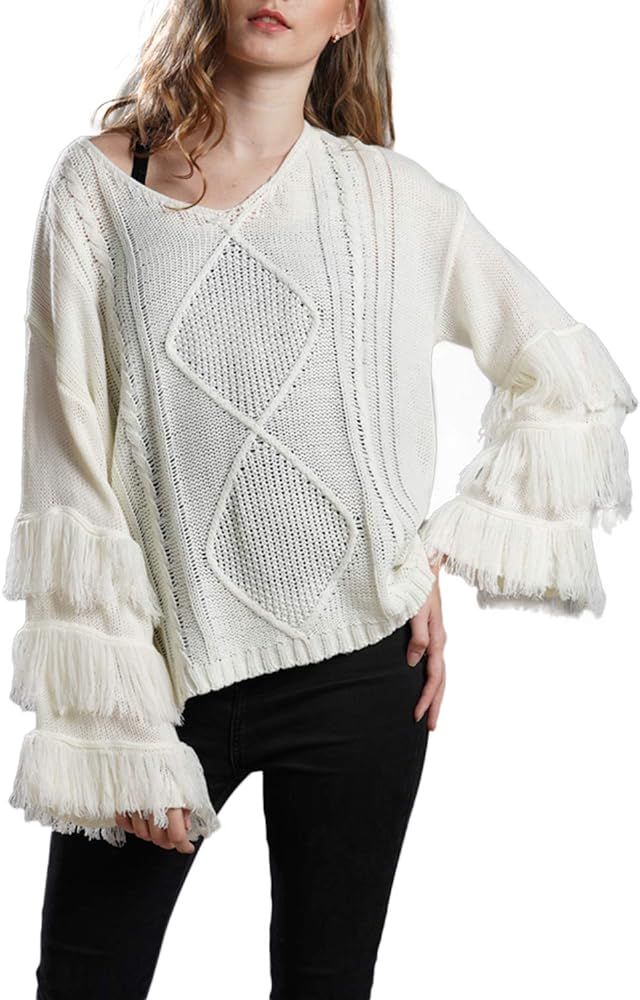 PERSUN Women's Casual V Neck Bell Fringe Cable Knit Sweater Loose Oversized Long Sleeve Pullover ... | Amazon (US)