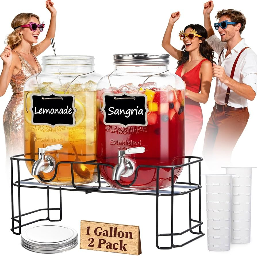 KIKCOIN 1 Gallon Glass Drink Dispensers for Parties, 2 Pack Leakproof Beverage Dispenser with Sta... | Amazon (US)