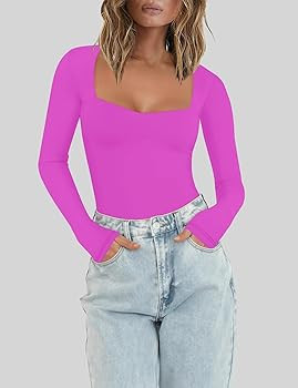 Chunpin Women's Sexy Square Neck Long Sleeve Bodysuit Double Lined Tops Thong Bodysuit | Amazon (US)