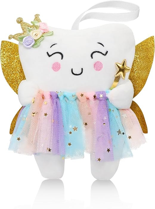 Tooth Fairy Pillow with Shiny Wings Embroidered Tooth Fairy Doll with Pocket Crystal Velvet Tooth... | Amazon (US)