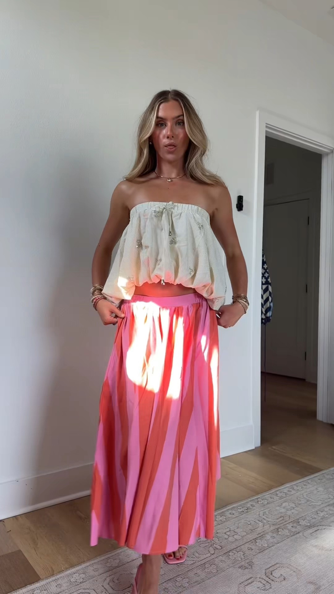Saturday night outfit! My skirt is from Amazon it’s so comfy size small Women's A Line Rainbow Striped Maxi Skirt Elastic Waist Flowy Beach Vacation Summer Skirt. My shirt is @AKIRA  size small. My shoes are @dreamparis from Amazon.

#LTKootd #LTKSeasonal #LTKdayinmylife