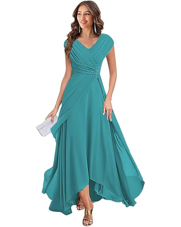 Women's V Neck Mother of The Bride Dresses Cap Sleeves Chiffon Pleated Mother Groom Dresses DK007 | Amazon (US)