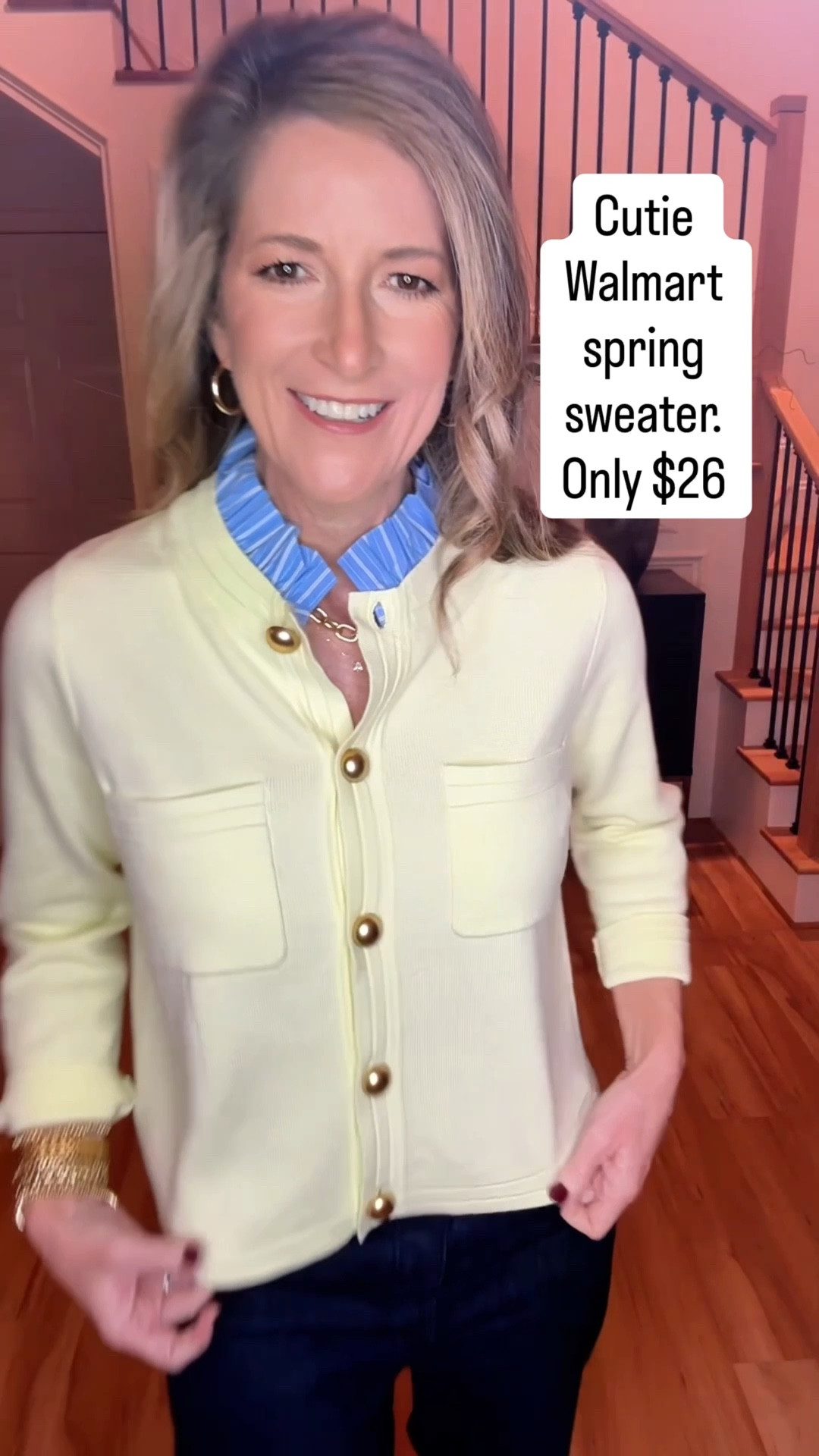 Perfect spring sweater from Walmart!  The collar details, buttons and color are 🥰💛💛
Wearing a M. Runs a bit small IMO

#LTKootd #LTKOver40