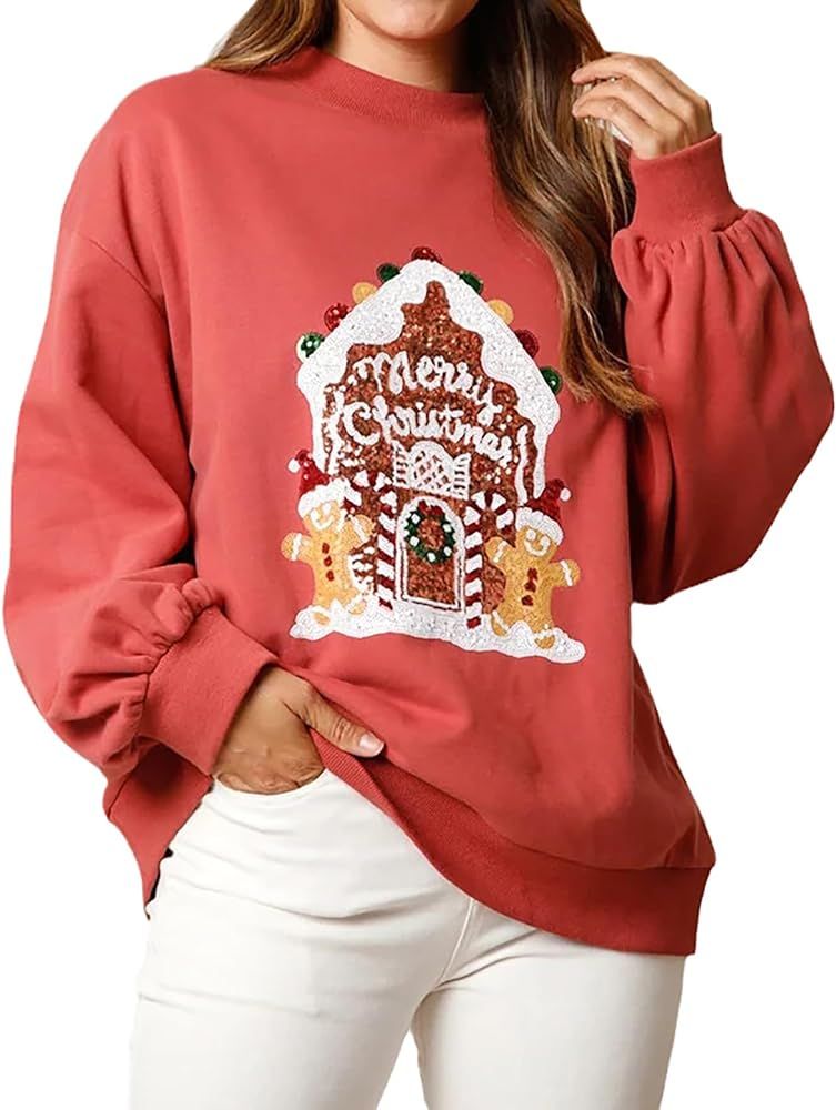 Glkaend Women's Sequin Christmas Sweatshirt Cute Funny Graphic Printed Casual Crewneck Long Sleeve P | Amazon (US)