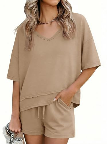Tankaneo Womens 2 Piece Outfits Shorts Set Summer Casual Short Sleeve V Neck T Shirts Tops Matching Lounge Sets | Amazon (US)