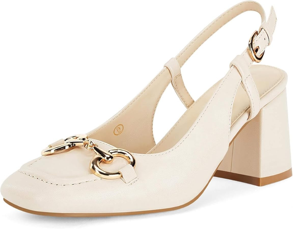 Coutgo Womens Slingback Heels Block Chunky Heel Pumps Square Toe Metal Buckle Dress Work Shoes | Amazon (US)
