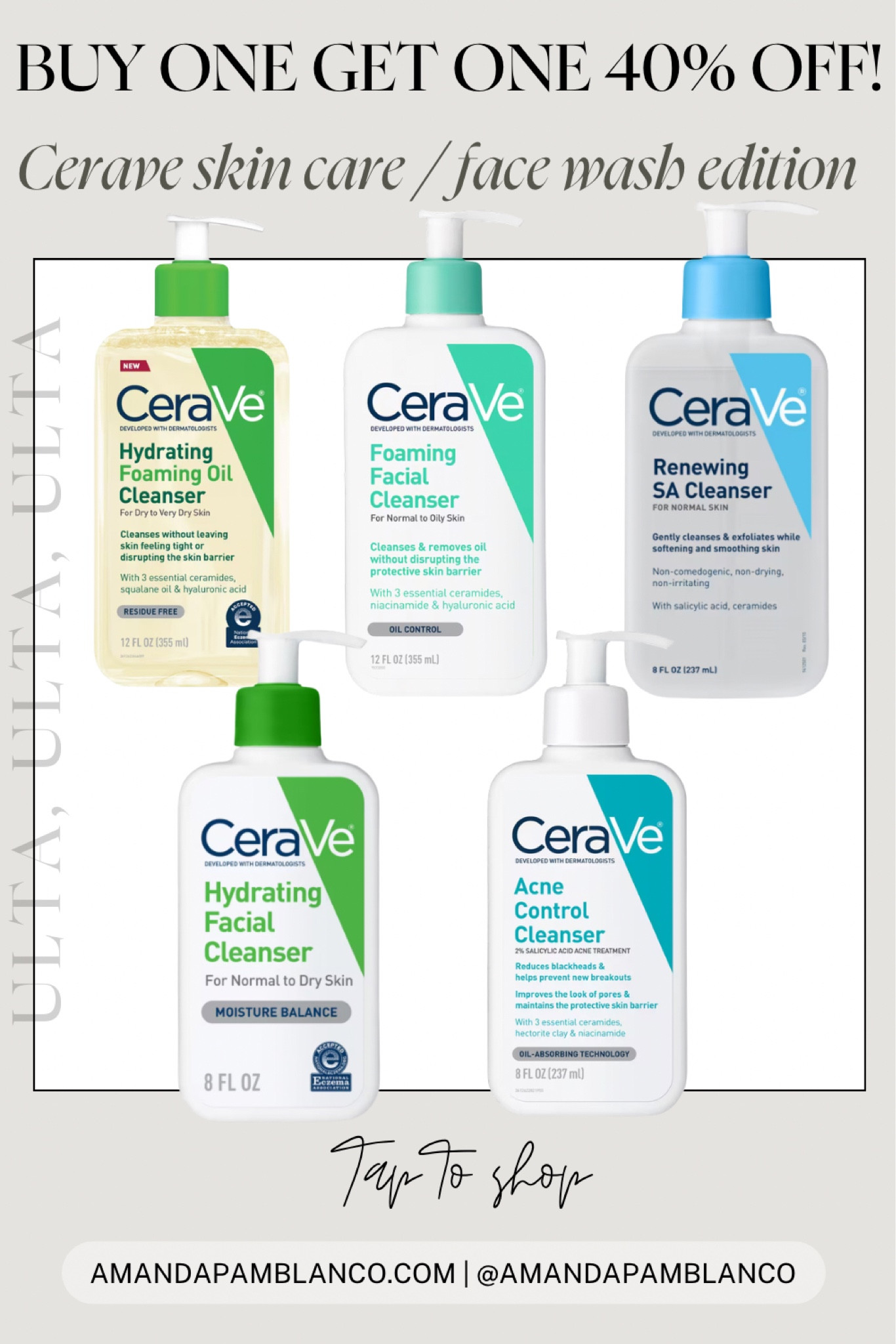 Now through 9/20/24, all Cerave skin care products are buy one get one 40% at Ulta!! 

Here I’m rounding up all their face washes. My favorite face wash is the hydrating foaming oil, as it takes off all my makeup without leaving my skin feeling dry. #cerave #ceraveskincare

#LTKBeauty