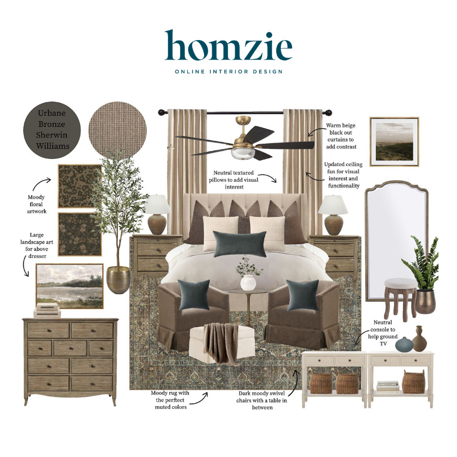 This bedroom design blends moody elegance with warm neutrals, featuring a tufted headboard, dark accent pillows, rich wood furniture, textured beige blackout curtains for contrast, a sophisticated ceiling fan, moody floral artwork, a muted-toned area rug, and cozy swivel chairs with a central table. 

 #LTKHome #LTKFindsUnder100 #LTKStyleTip