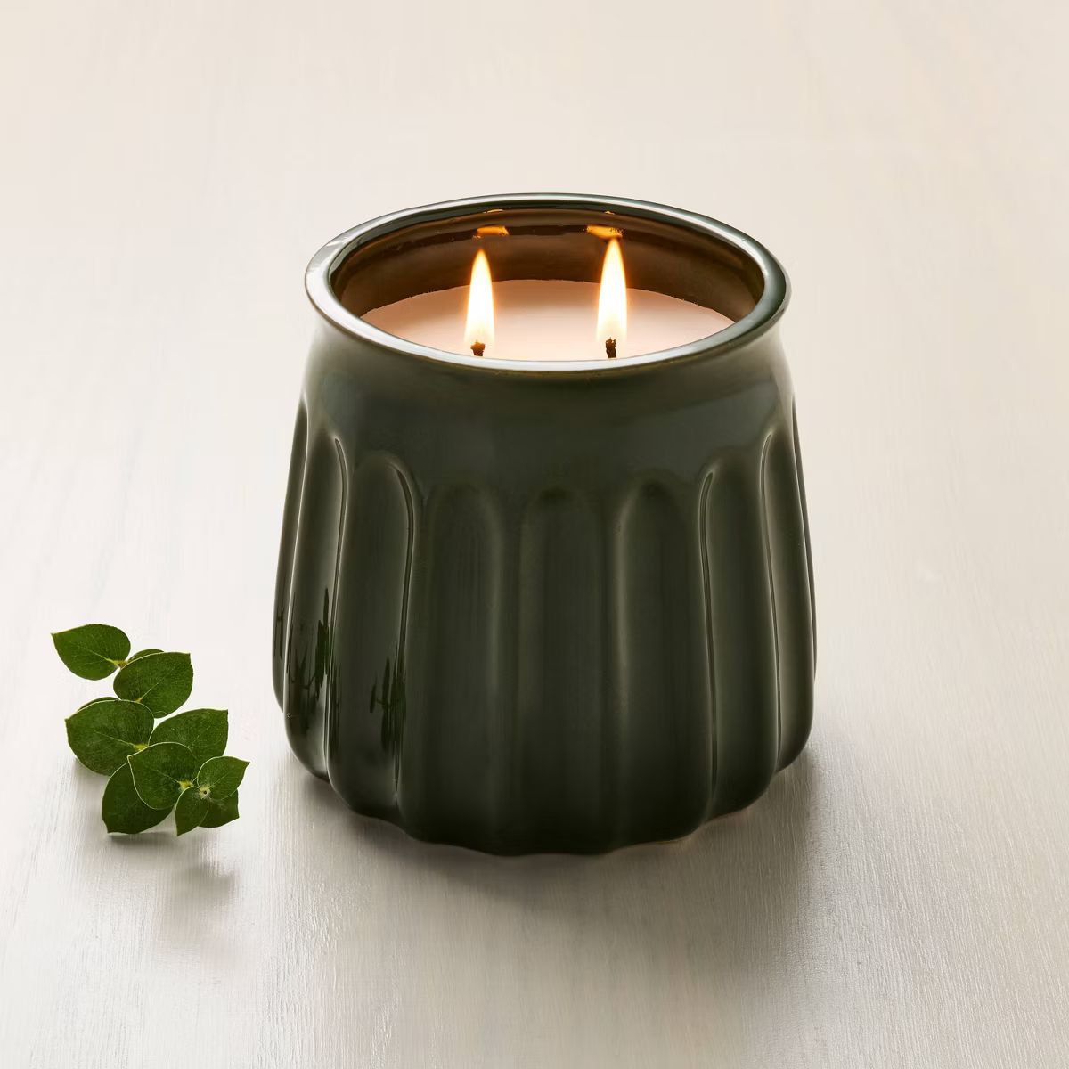 2-Wick Fluted Ceramic Dried Eucalyptus Glazed Jar Candle Dark Green 20oz - Hearth & Hand™ with ... | Target