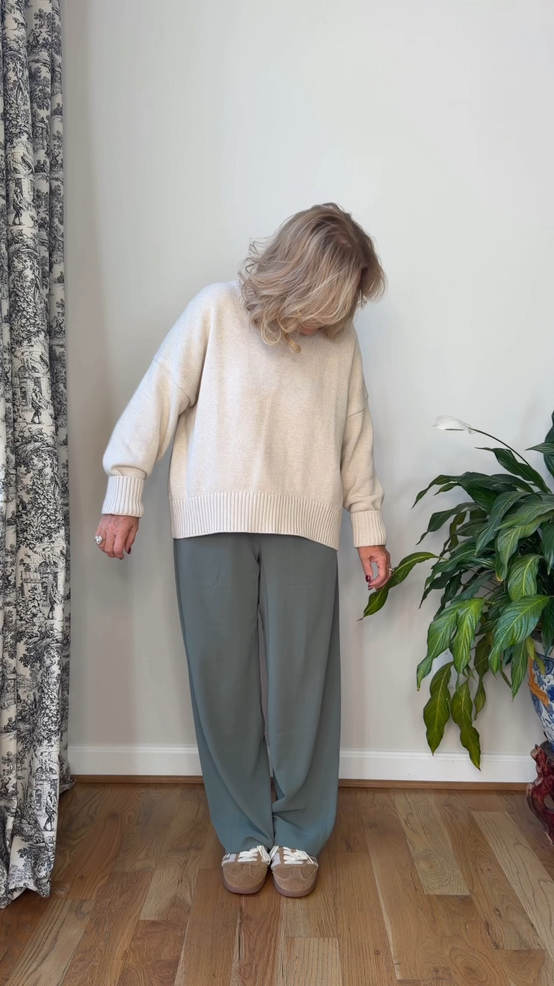 Sweater size medium 
Added a tank underneath and wearing it backwards, so that the neck line is a little bit higher and shows underneath the crewneck
Pants are part of the extra 30% off sale at spanx and I honestly can’t believe it. I hope they don’t discontinue these because they are fantastic. They’re a great option to the viral Aritzia pant not quite as wide and just as good of a performance fabric no wrinkle. I wear a medium regular because the petite hit the top of my shoe.
20% off my bracelet stack using code NANETTE20