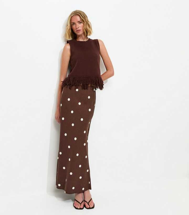 Brown Linen Blend Polka Dot Bias Cut Midi Skirt | New Look | New Look (UK)