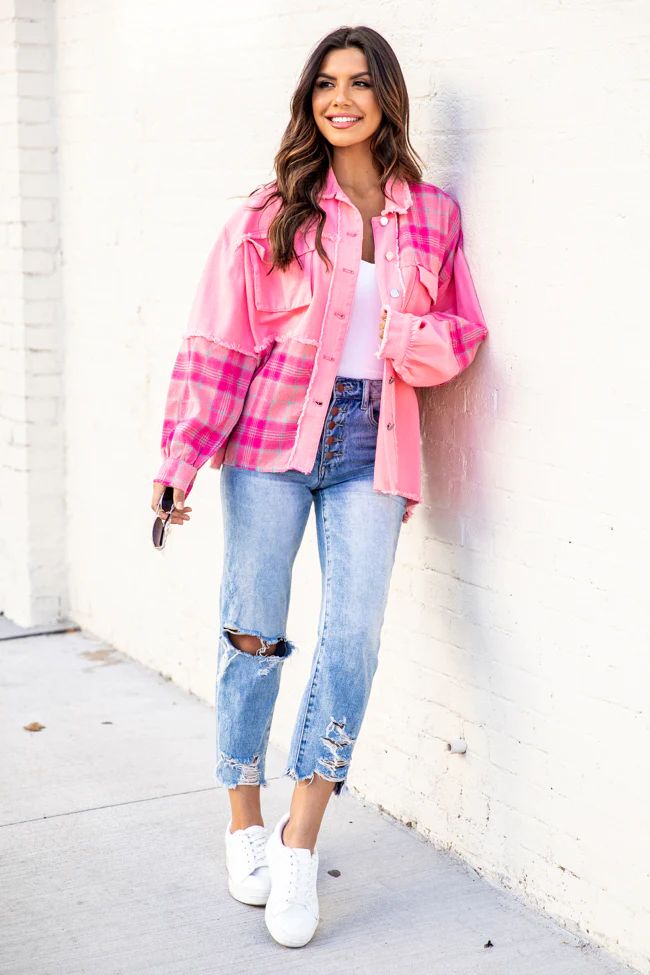 You Were Pretending Pink Plaid Denim Jacket FINAL SALE | Pink Lily