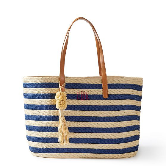 Striped Straw Beach Tote, Navy | Mark and Graham