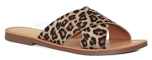 MVE Shoes Women's Strappy Flats Summer Shoes - Faux Leather Slip On Sandals - Criss Cross Slide S... | Amazon (US)