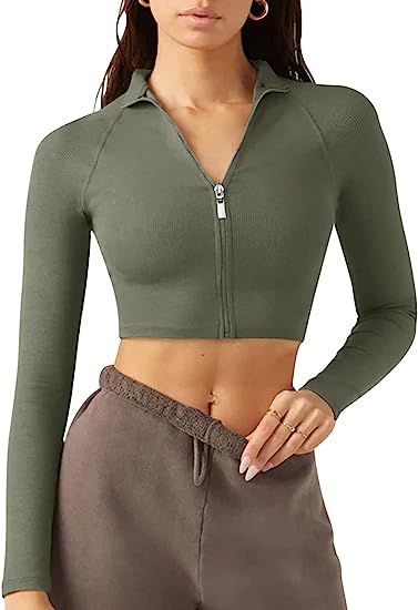 LASLULU Womens Zipper Workout Top Seamless Long Sleeve Ribbed Yoga Athletic Shirt Cropped Sweatsh... | Amazon (US)