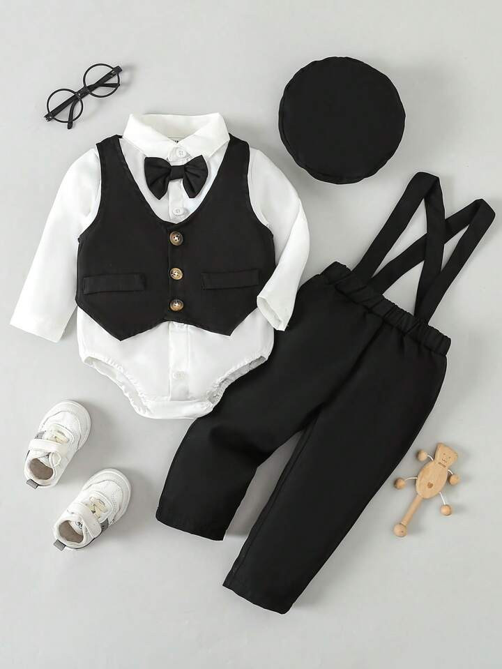SHEIN Multiple Pieces Baby Boy's Gentleman Style Buttoned Shirt With Bowtie, Suspender & Long Pan... | SHEIN