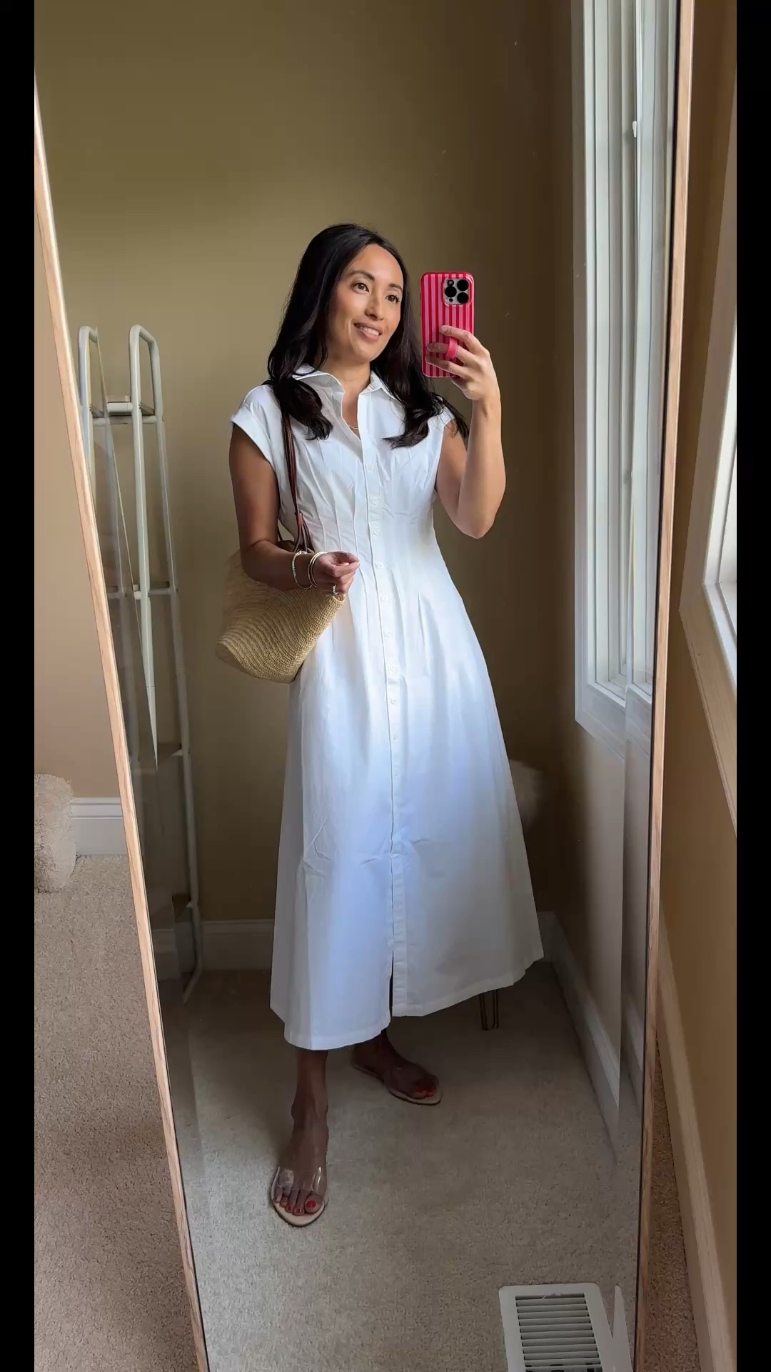 3 Ways to Wear a White Dress. 
1) Straw tote bag and clear strap sandals 
2) Clutch and strappy heeled sandals
3) Ballet sneakers, sporty crossbody bag, baseball cap
This exact all cotton poplin dress comes with a built in slip. Flattering fit, timeless shirtdress style. 
(Also comes in black and brown stripe)
True to size. 



#LTKOver40 #LTKootd