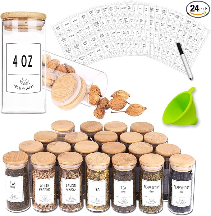 24 Glass Spice Jars with Bamboo Airtight Lids, 400 Spice Labels, Funnel and Chalk Marker Set- Chu... | Amazon (US)