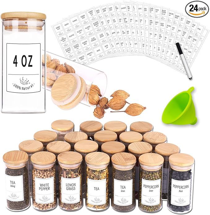 24 Glass Spice Jars with Bamboo Airtight Lids, 400 Spice Labels, Funnel and Chalk Marker Set- Chu... | Amazon (US)