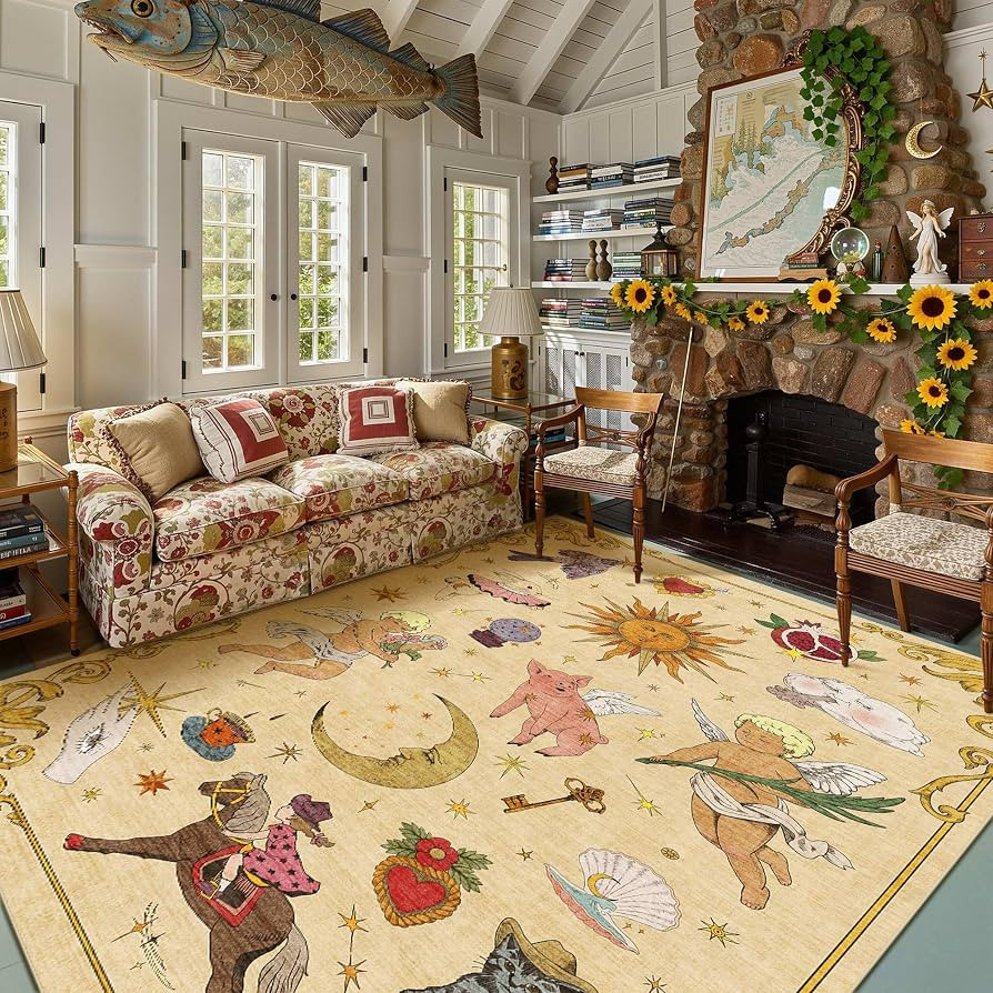 8x10 Celestial Sun Moon Unique Fresh Butter Yellow Soft Washable Area Rug | Amazon (US)