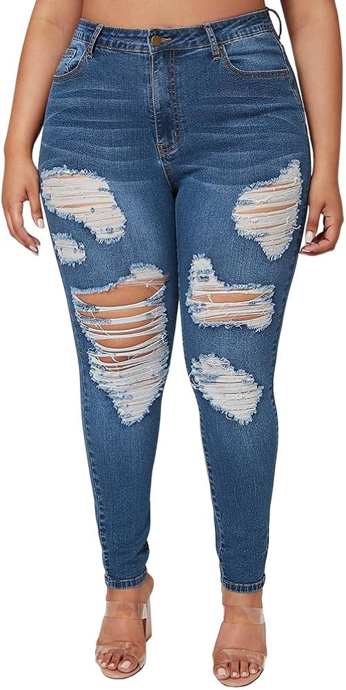 ALLABREVE Womens Plus Size Skinny Jeans Stretchy High Waisted Ankle Jean Ripped Slim Fit Washed D... | Amazon (US)
